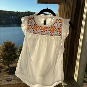THML White Neckline Embroidered White Cotton Sleeveless Top